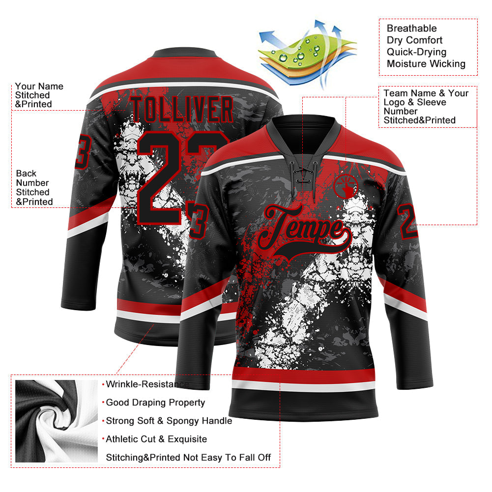Custom Black Red-White 3D Splash Art Hockey Lace Neck Jersey view 3