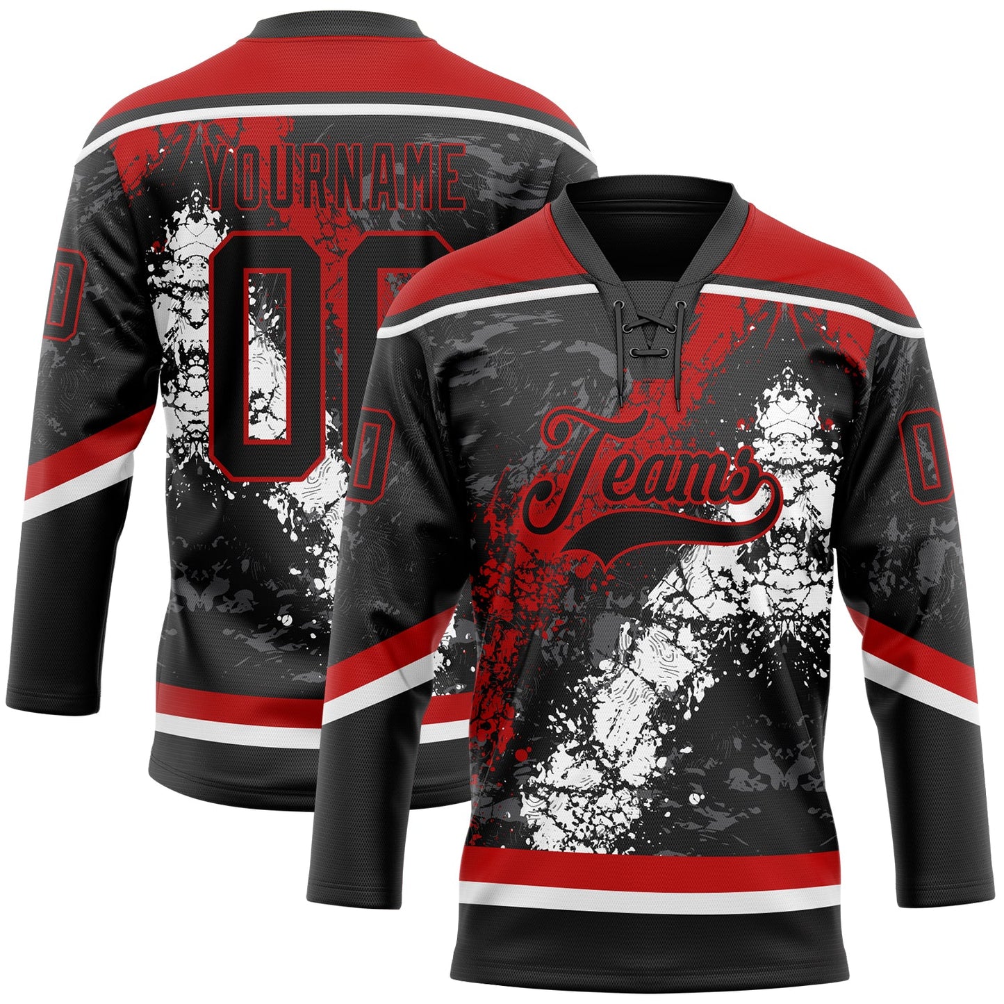 Custom Black Red-White 3D Splash Art Hockey Lace Neck Jersey - Main View
