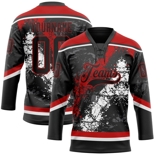 Custom Black Red-White 3D Splash Art Hockey Lace Neck Jersey - Main View