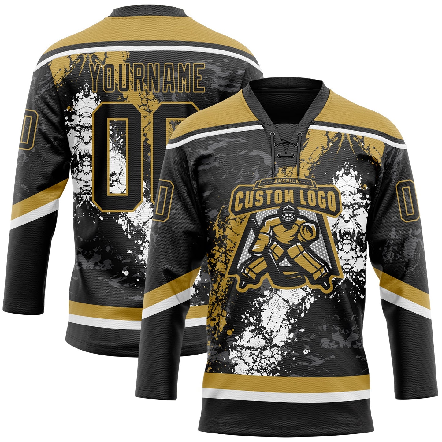 Custom Black Old Gold-White 3D Splash Art Hockey Lace Neck Jersey view 2