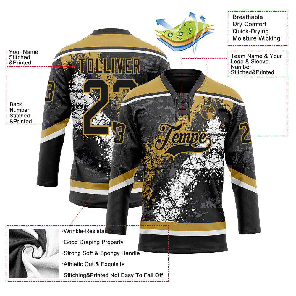 Custom Black Old Gold-White 3D Splash Art Hockey Lace Neck Jersey view 3