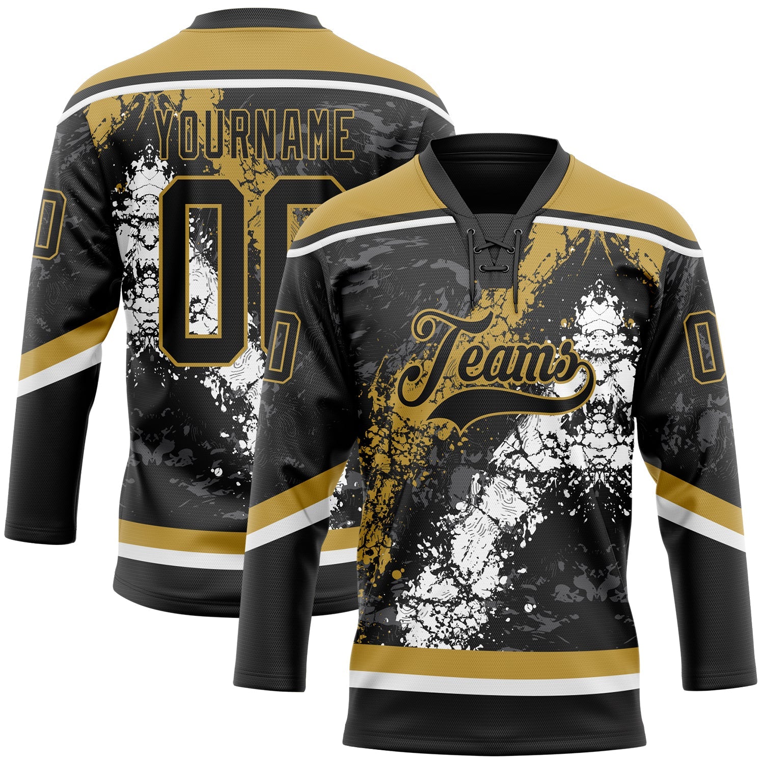 Custom Black Old Gold-White 3D Splash Art Hockey Lace Neck Jersey - Main View