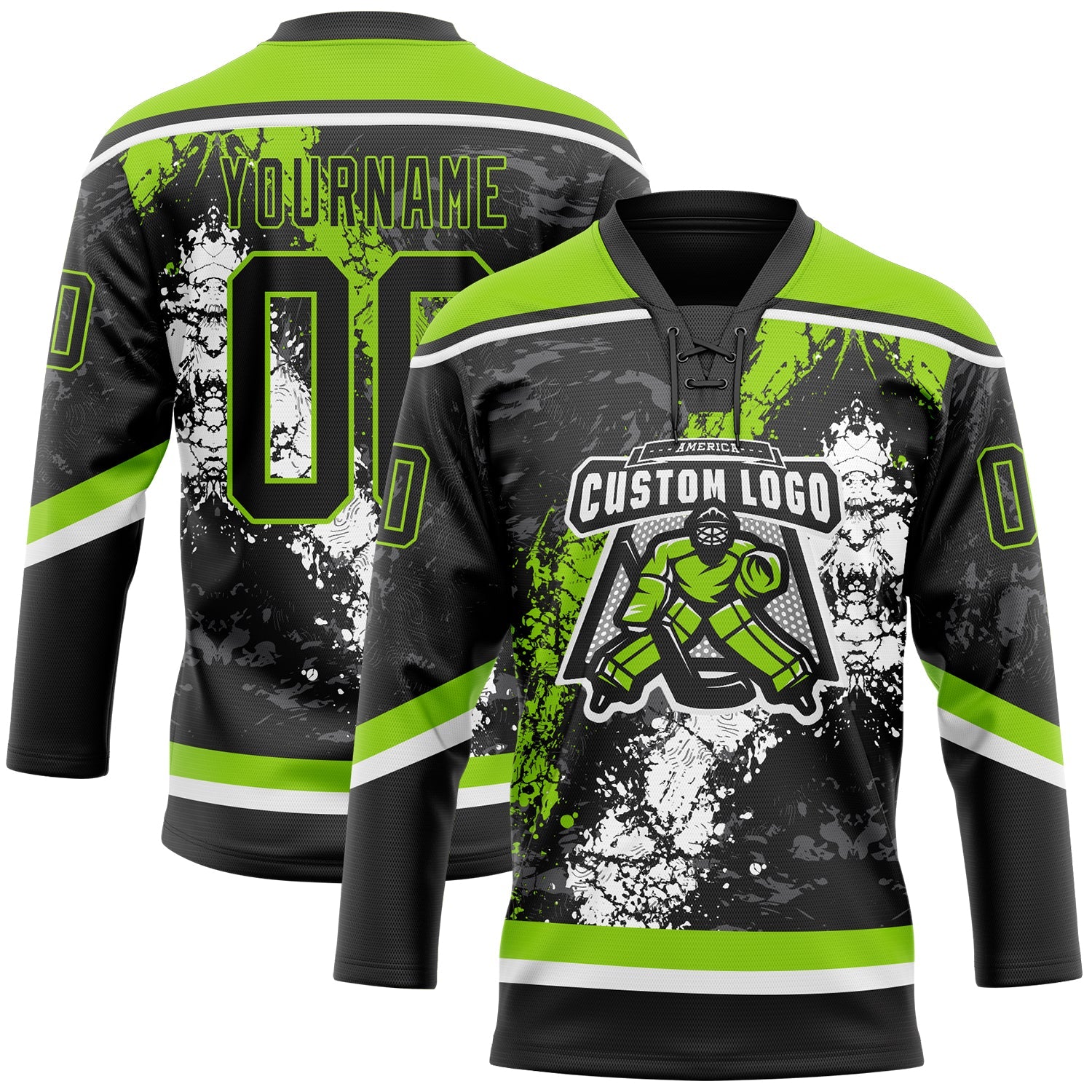 Custom Black Neon Green-White 3D Splash Art Hockey Lace Neck Jersey view 2