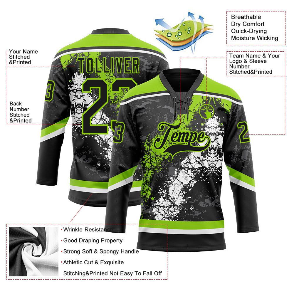 Custom Black Neon Green-White 3D Splash Art Hockey Lace Neck Jersey view 3