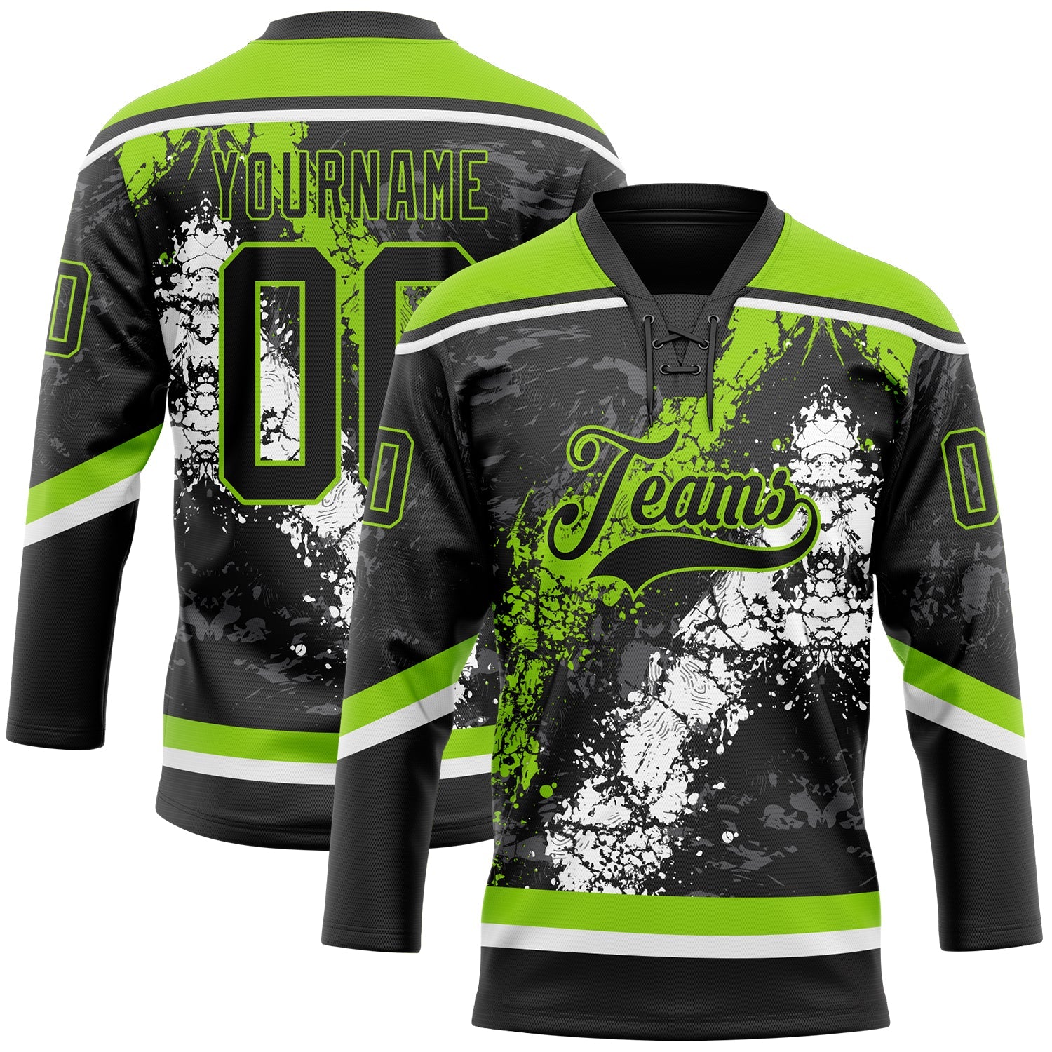 Custom Black Neon Green-White 3D Splash Art Hockey Lace Neck Jersey - Main View
