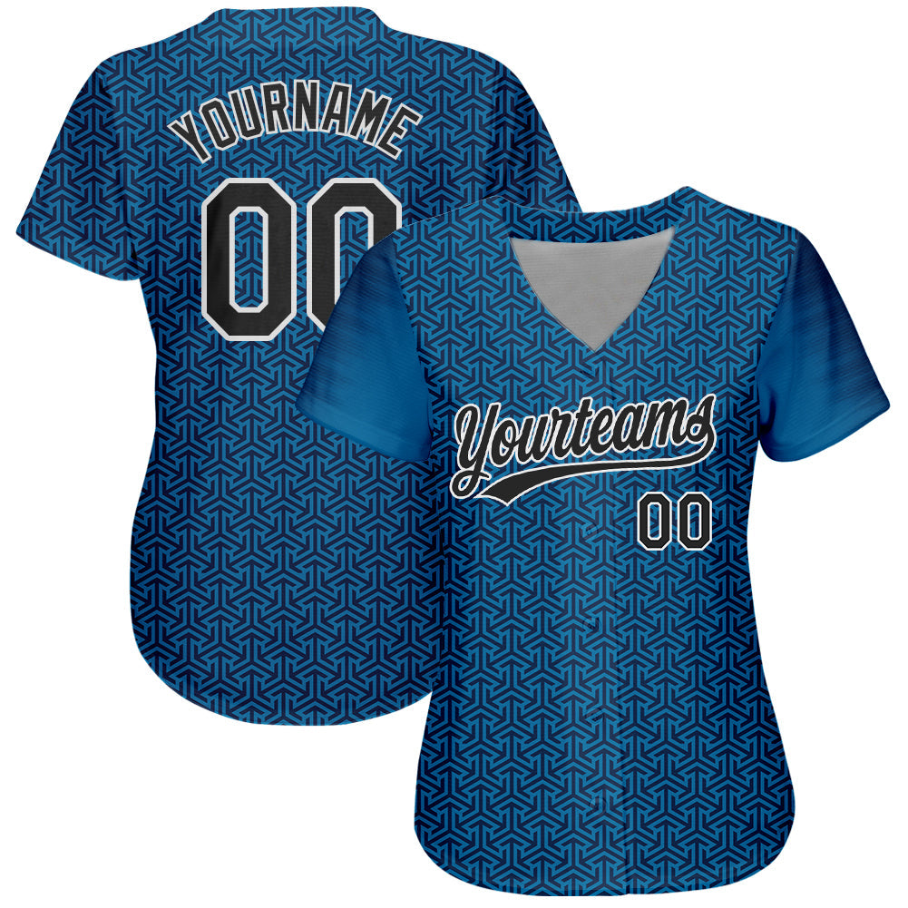 Custom Blue Black-White 3D Pattern Design Authentic Baseball Jersey view 2