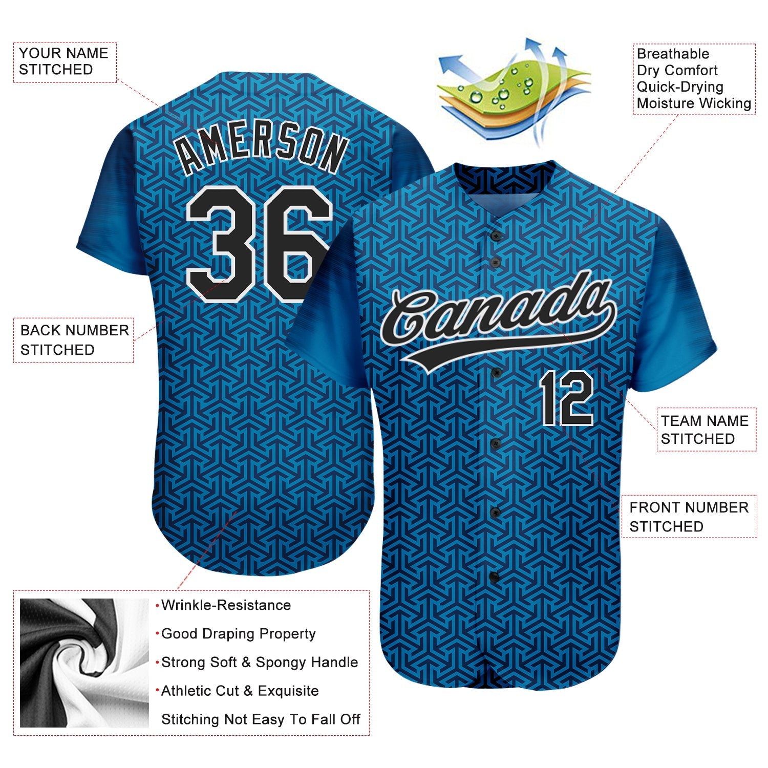 Custom Blue Black-White 3D Pattern Design Authentic Baseball Jersey view 3
