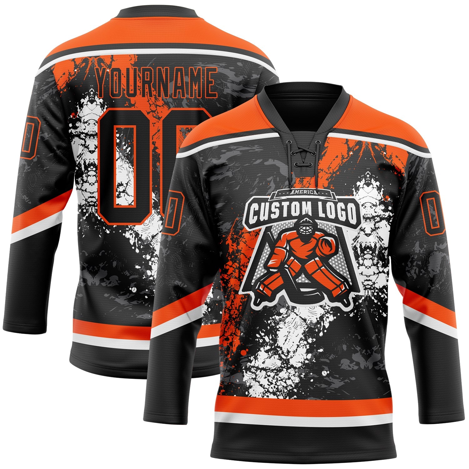 Custom Black Orange-White 3D Splash Art Hockey Lace Neck Jersey view 2