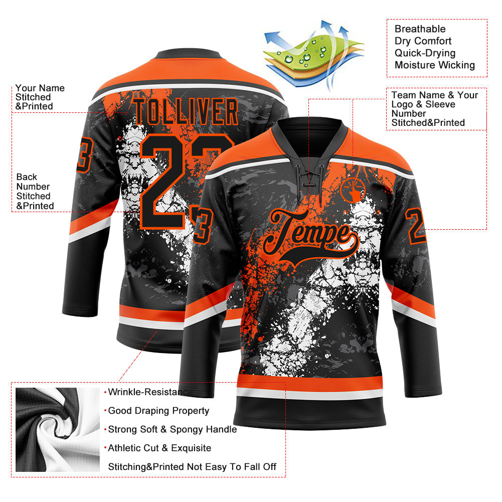 Custom Black Orange-White 3D Splash Art Hockey Lace Neck Jersey view 3