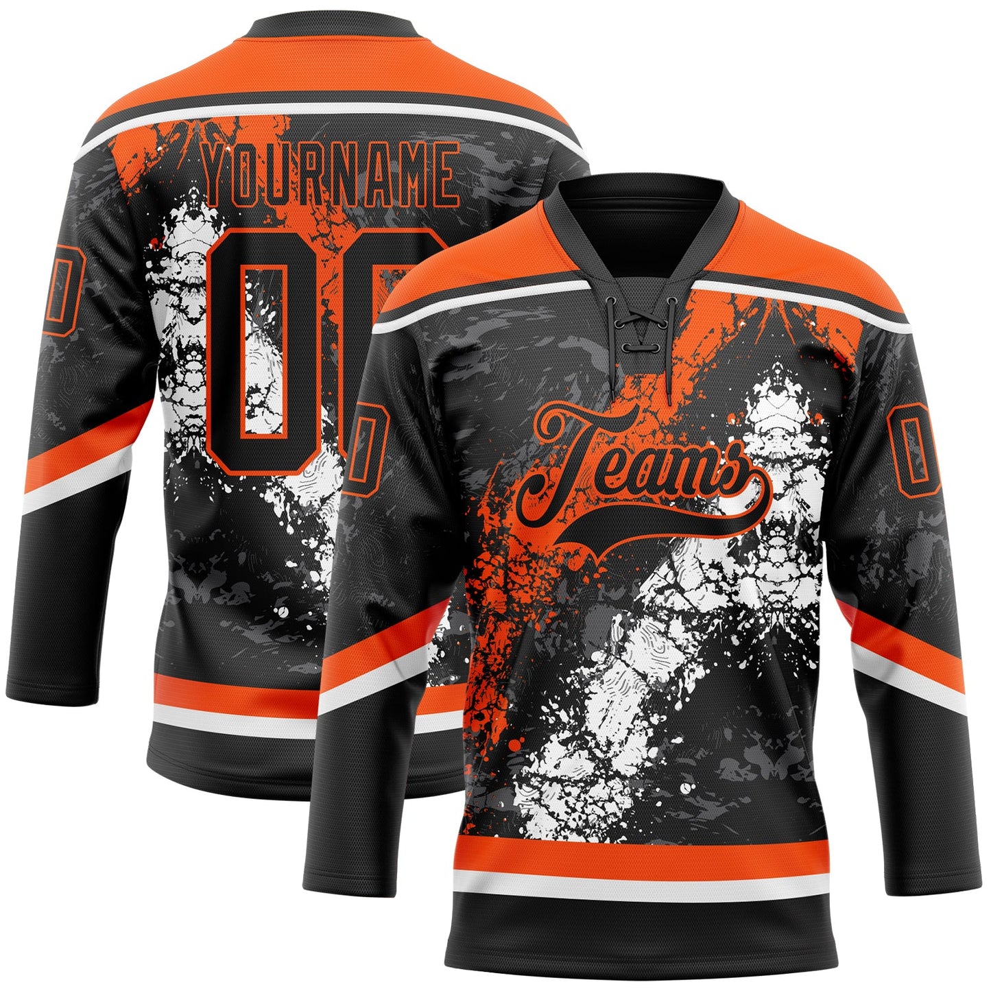 Custom Black Orange-White 3D Splash Art Hockey Lace Neck Jersey - Main View