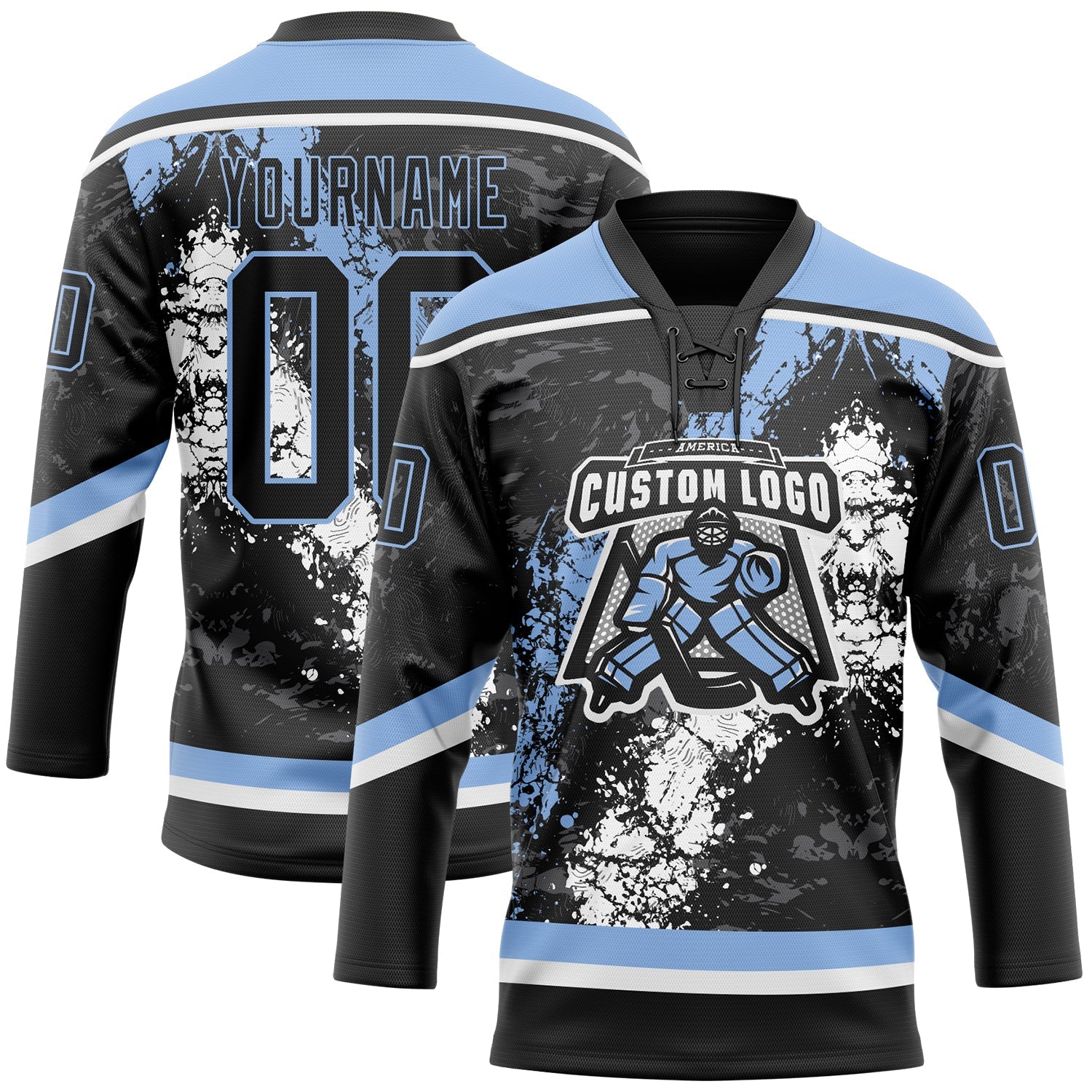 Custom Black Light Blue-White 3D Splash Art Hockey Lace Neck Jersey view 2