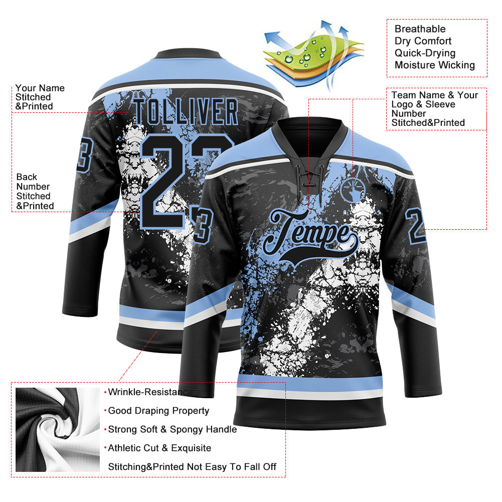 Custom Black Light Blue-White 3D Splash Art Hockey Lace Neck Jersey view 3