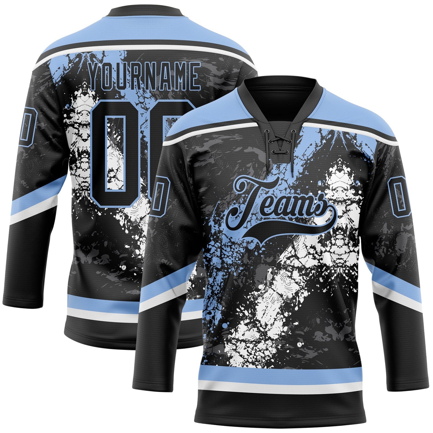 Custom Black Light Blue-White 3D Splash Art Hockey Lace Neck Jersey - Main View