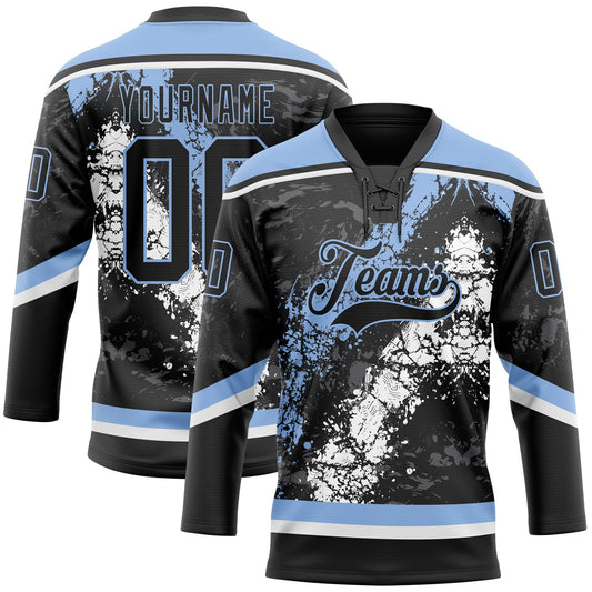 Custom Black Light Blue-White 3D Splash Art Hockey Lace Neck Jersey - Main View