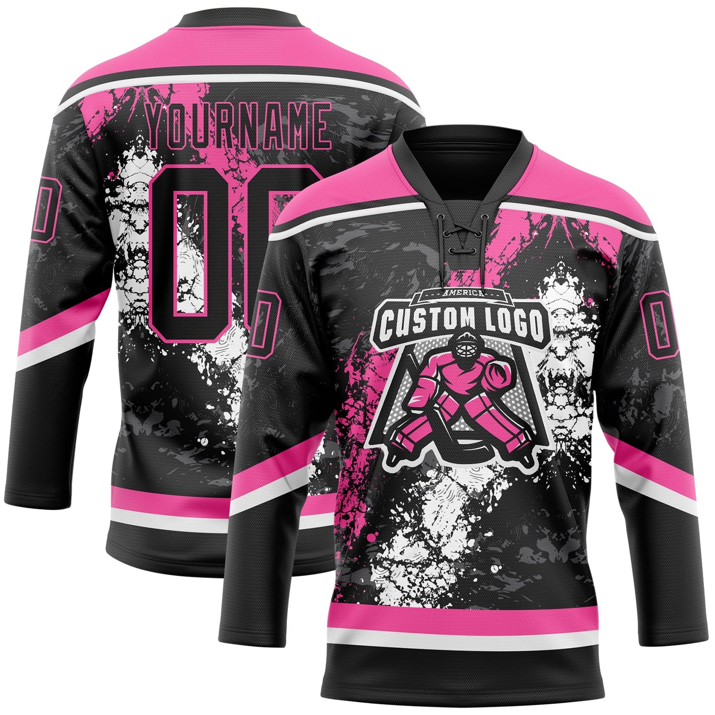 Custom Black Pink-White 3D Splash Art Hockey Lace Neck Jersey view 2