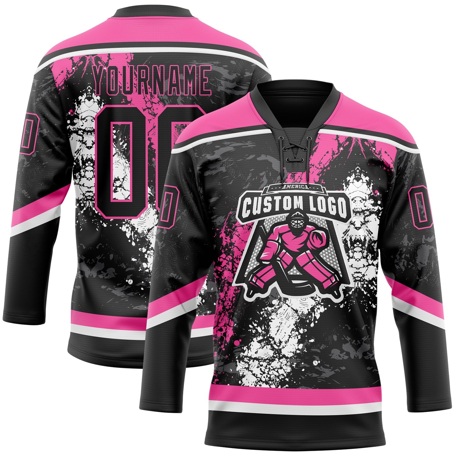 Custom Black Pink-White 3D Splash Art Hockey Lace Neck Jersey view 2