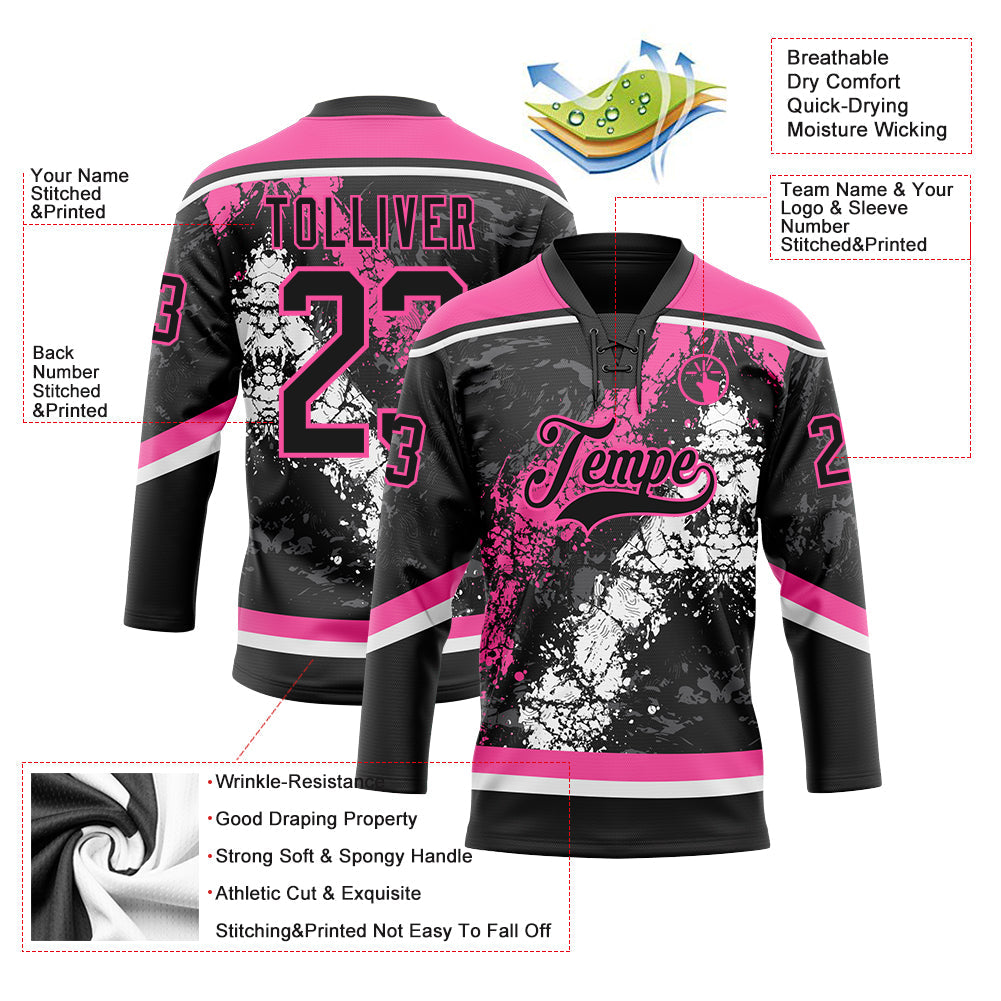 Custom Black Pink-White 3D Splash Art Hockey Lace Neck Jersey view 3