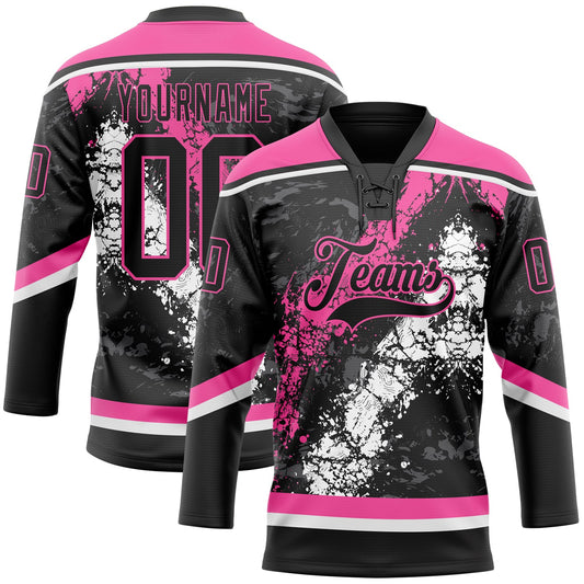 Custom Black Pink-White 3D Splash Art Hockey Lace Neck Jersey - Main View