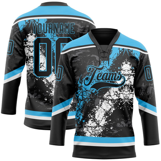 Custom Black Sky Blue-White 3D Splash Art Hockey Lace Neck Jersey - Main View