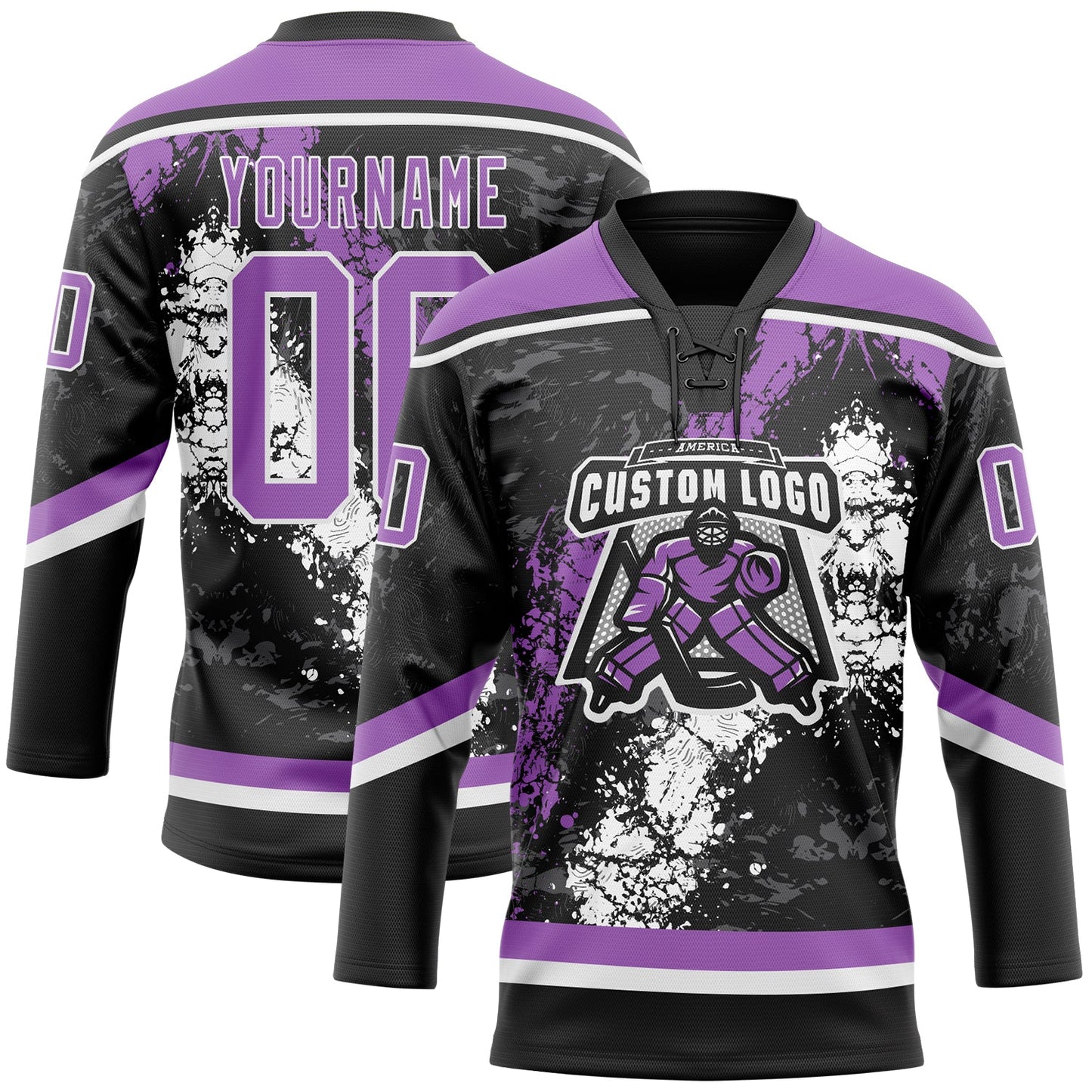 Custom Black Medium Purple-White 3D Splash Art Hockey Lace Neck Jersey view 2