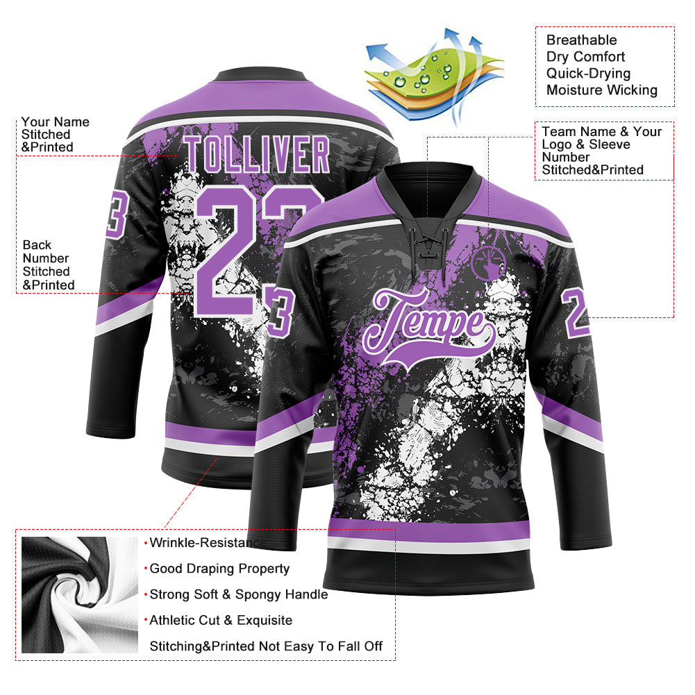 Custom Black Medium Purple-White 3D Splash Art Hockey Lace Neck Jersey view 3