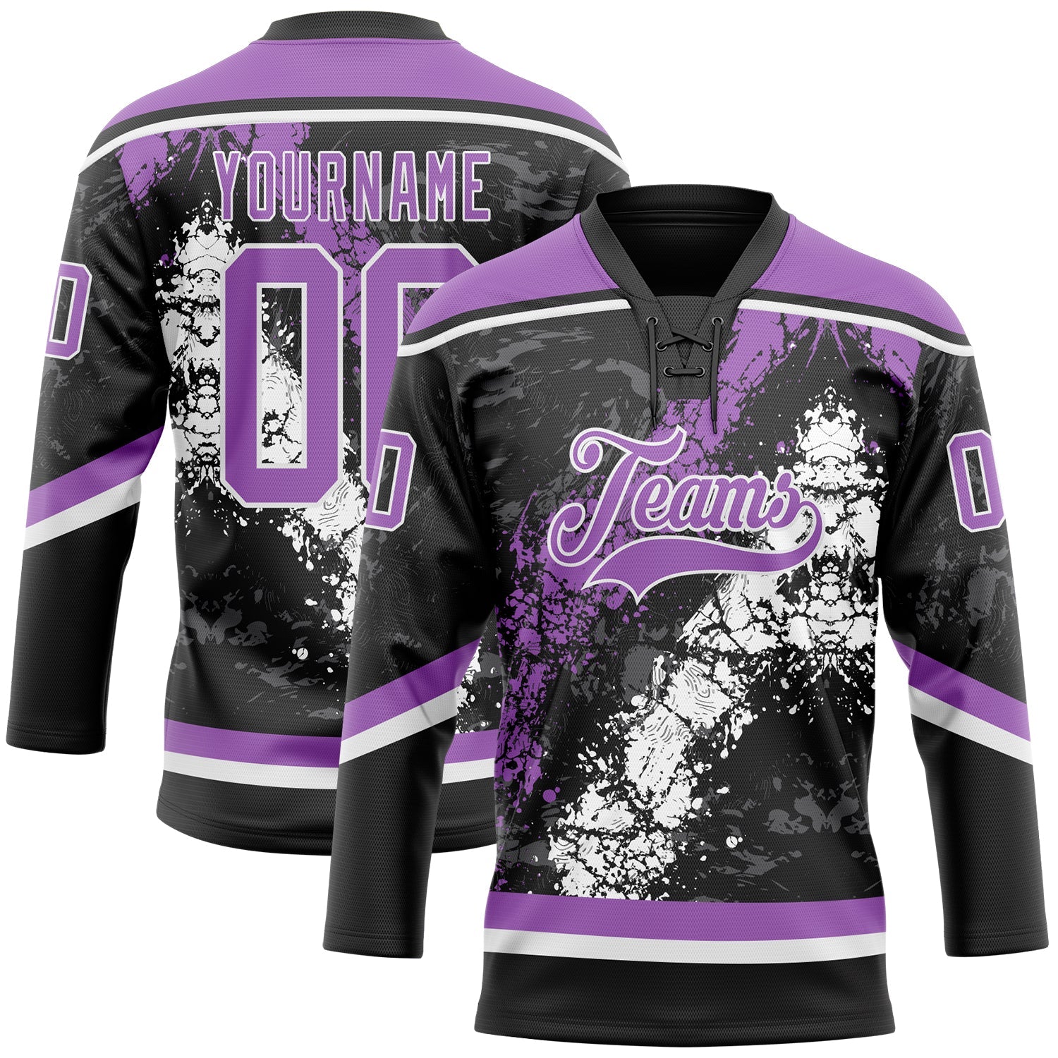 Custom Black Medium Purple-White 3D Splash Art Hockey Lace Neck Jersey - Main View