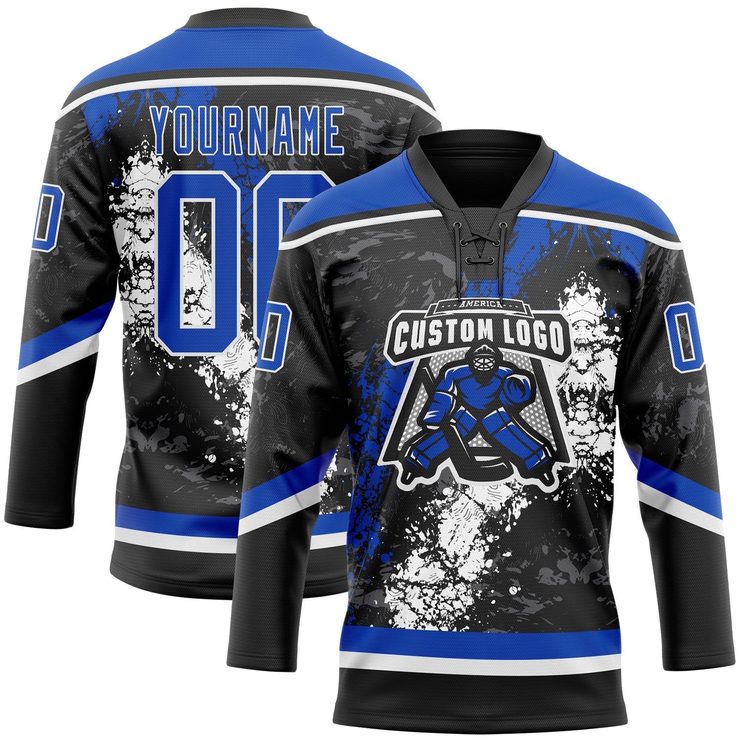 Custom Black Thunder Blue-White 3D Splash Art Hockey Lace Neck Jersey view 2