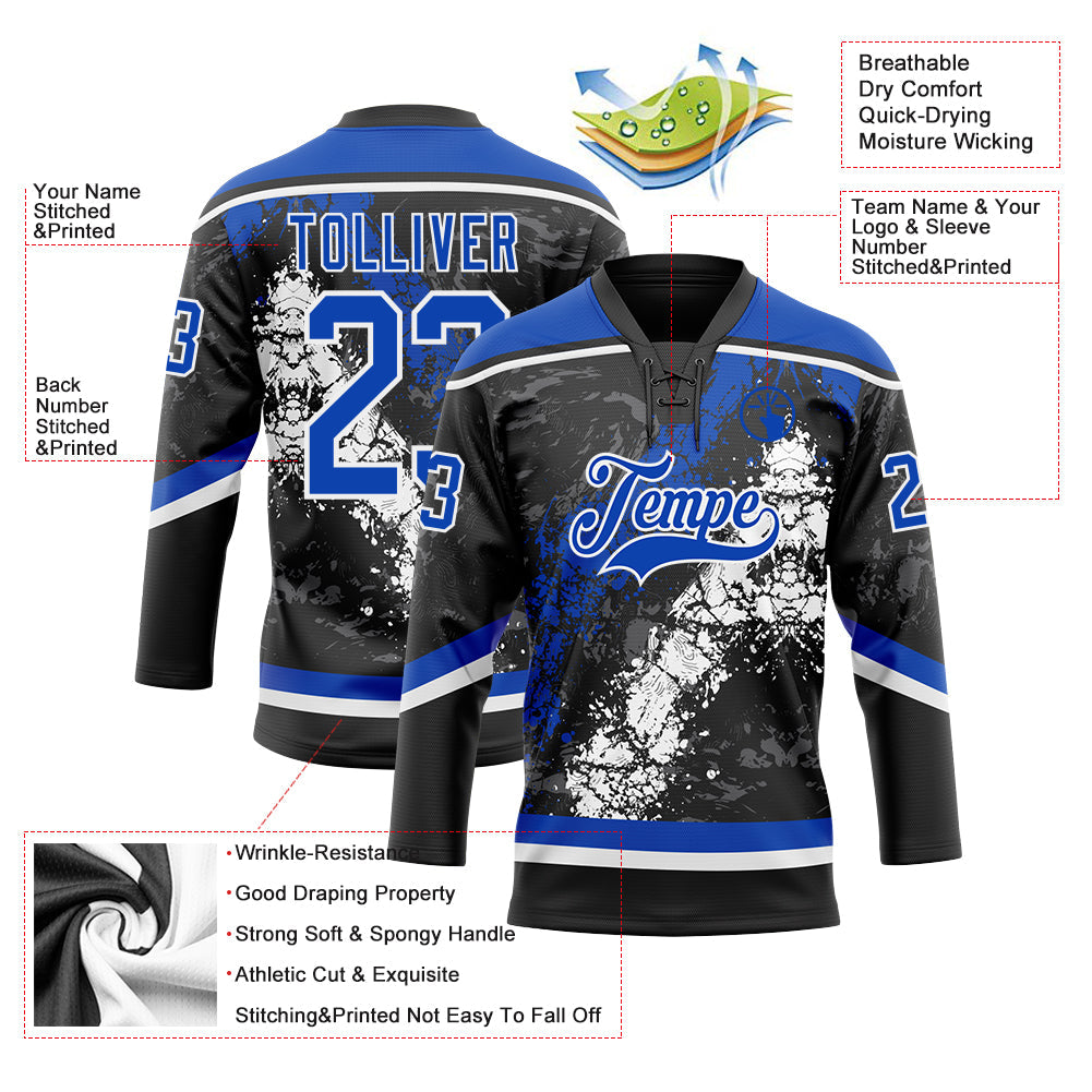 Custom Black Thunder Blue-White 3D Splash Art Hockey Lace Neck Jersey view 3