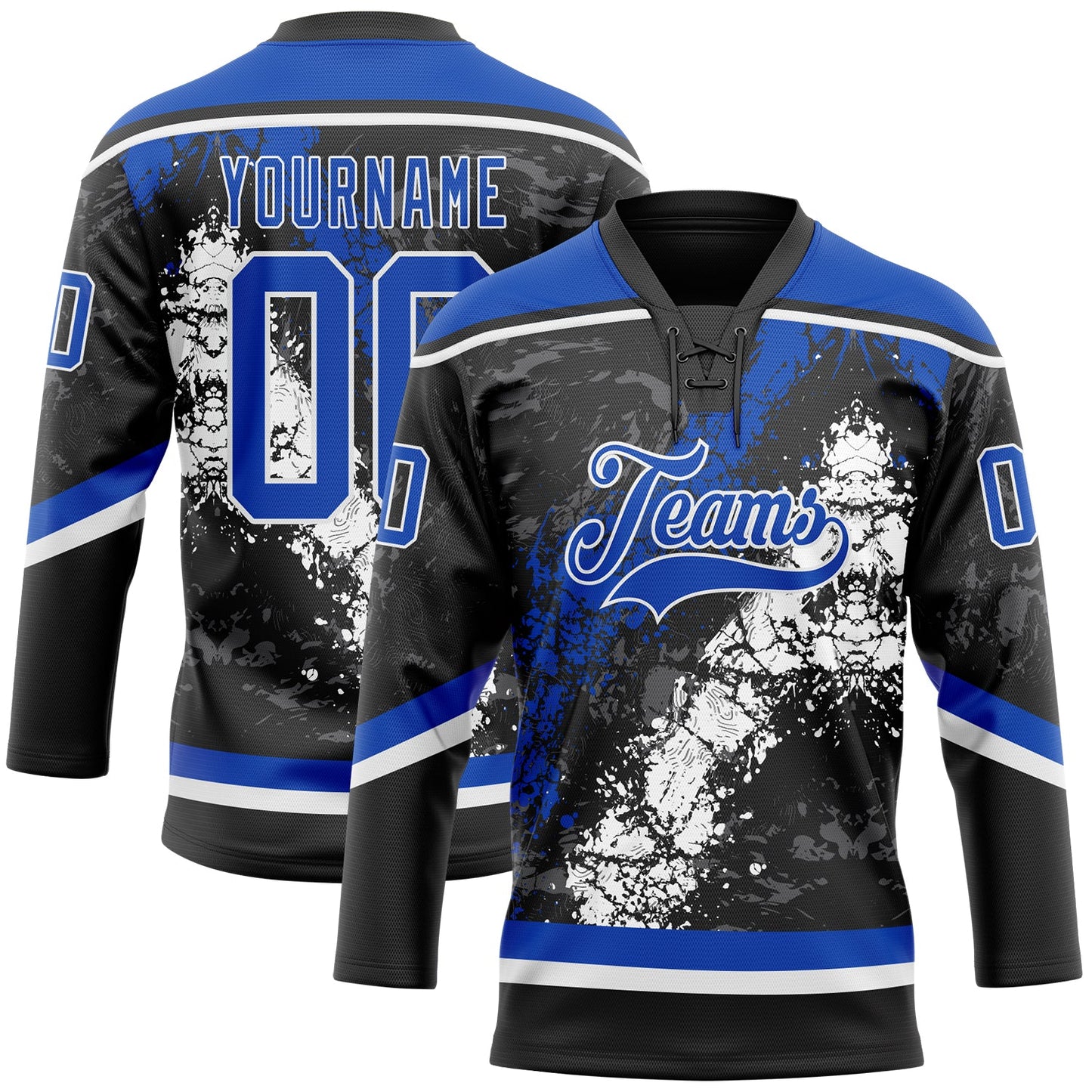 Custom Black Thunder Blue-White 3D Splash Art Hockey Lace Neck Jersey - Main View