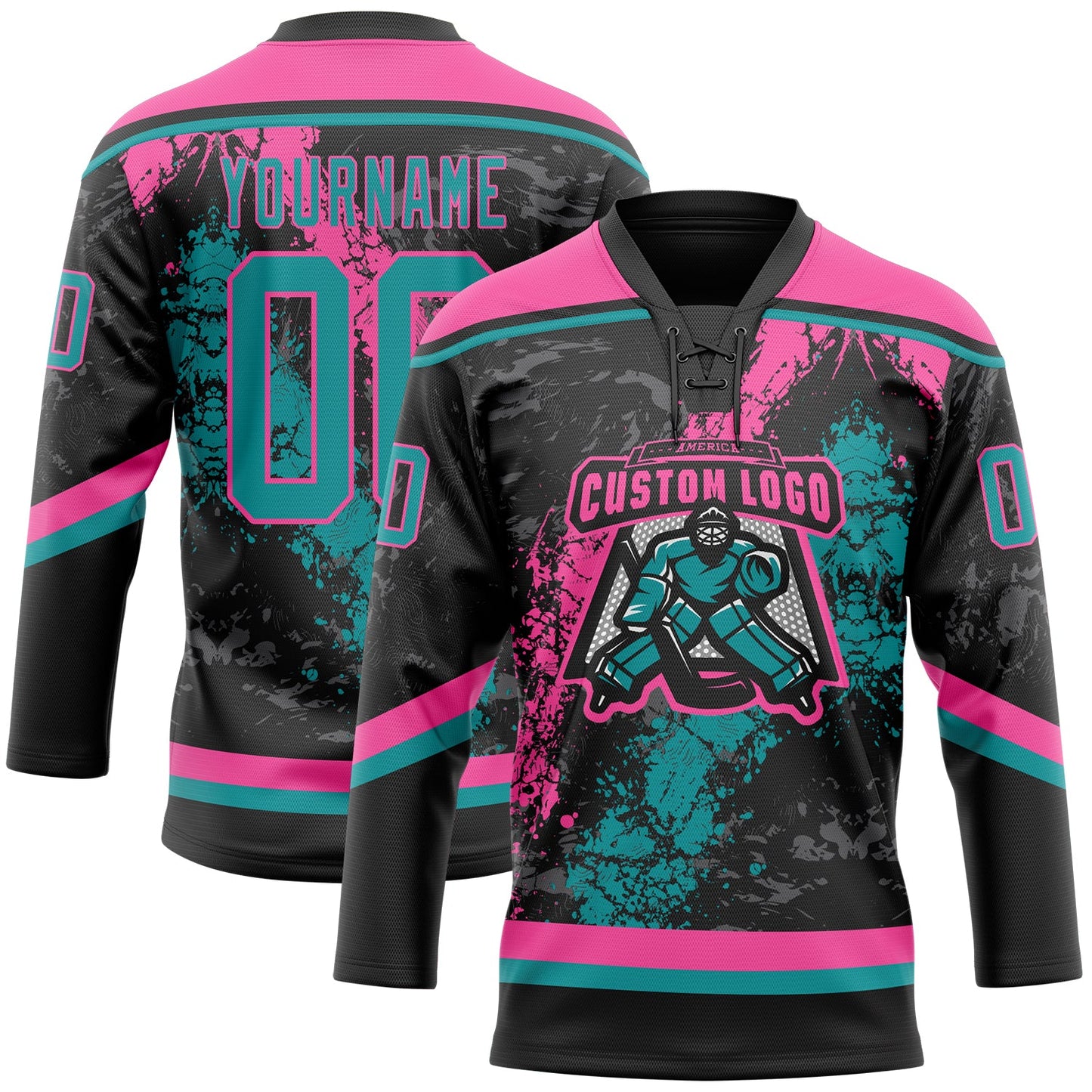 Custom Black Teal-Pink 3D Splash Art Hockey Lace Neck Jersey view 2