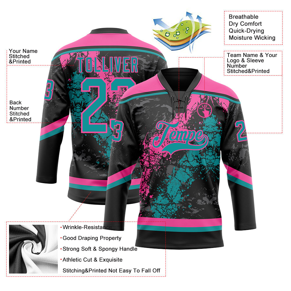 Custom Black Teal-Pink 3D Splash Art Hockey Lace Neck Jersey view 3