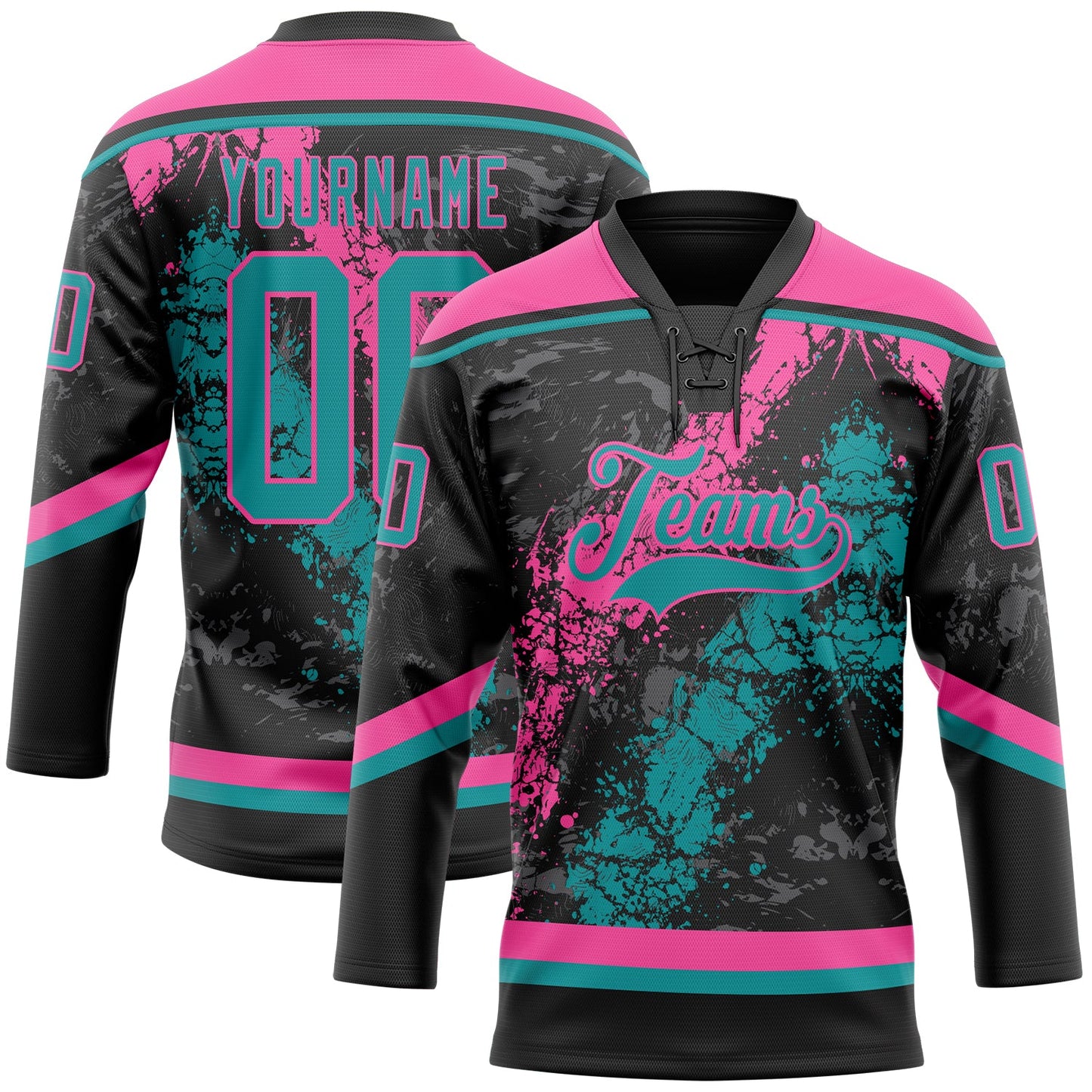 Custom Black Teal-Pink 3D Splash Art Hockey Lace Neck Jersey - Main View