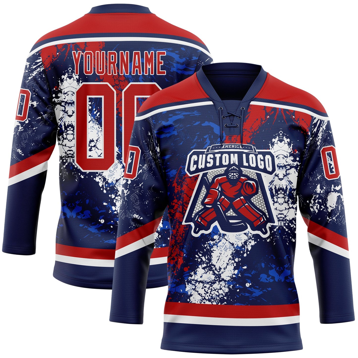 Custom Navy Red Thunder Blue-White 3D Splash Art Hockey Lace Neck Jersey view 2