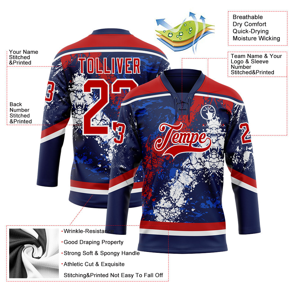 Custom Navy Red Thunder Blue-White 3D Splash Art Hockey Lace Neck Jersey view 3