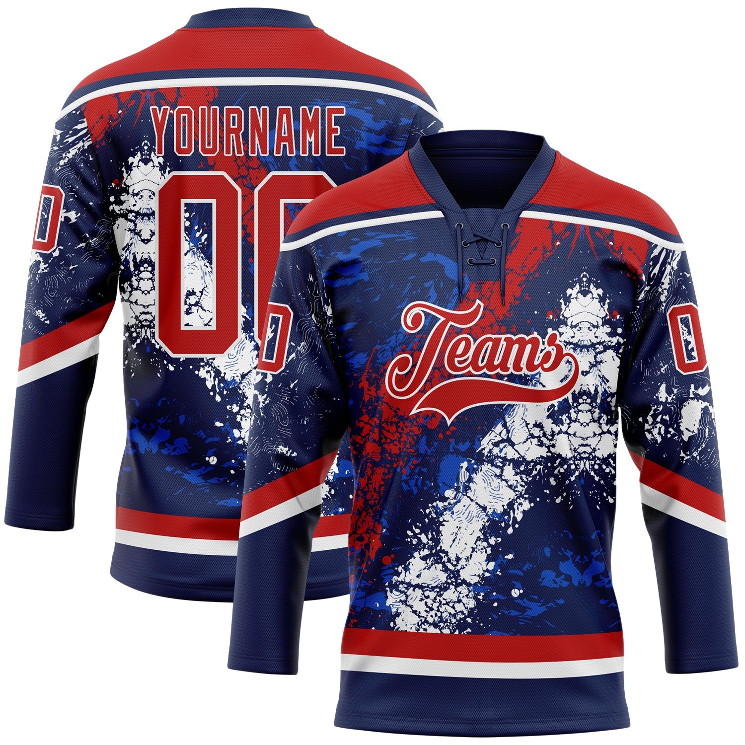 Custom Navy Red Thunder Blue-White 3D Splash Art Hockey Lace Neck Jersey - Main View