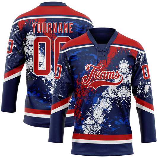 Custom Navy Red Thunder Blue-White 3D Splash Art Hockey Lace Neck Jersey - Main View