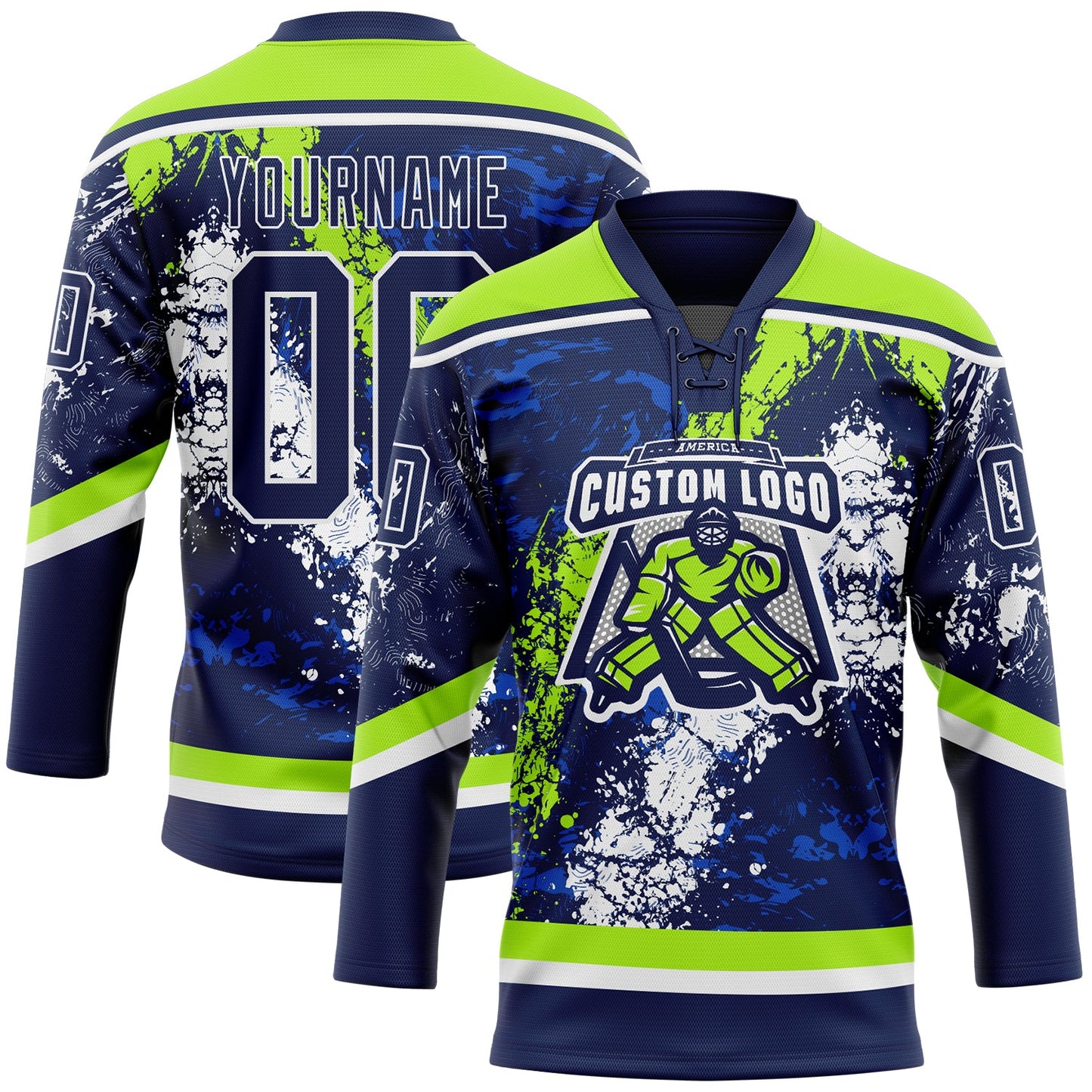 Custom Navy Thunder Blue Neon Green-White 3D Splash Art Hockey Lace Neck Jersey view 2
