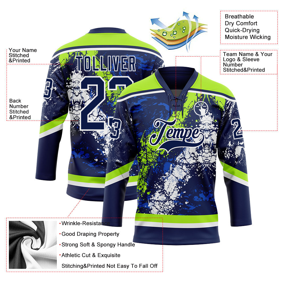 Custom Navy Thunder Blue Neon Green-White 3D Splash Art Hockey Lace Neck Jersey view 3