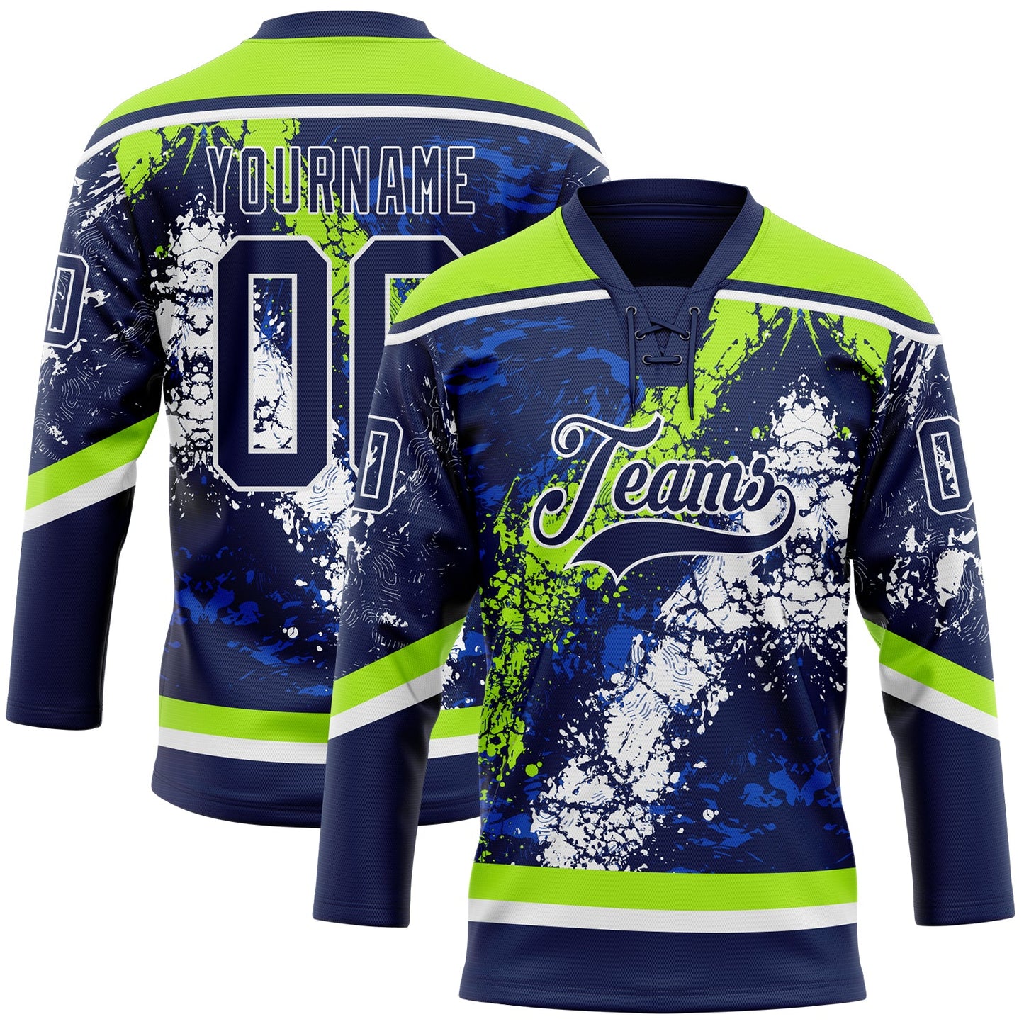 Custom Navy Thunder Blue Neon Green-White 3D Splash Art Hockey Lace Neck Jersey - Main View
