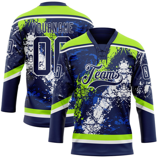 Custom Navy Thunder Blue Neon Green-White 3D Splash Art Hockey Lace Neck Jersey - Main View