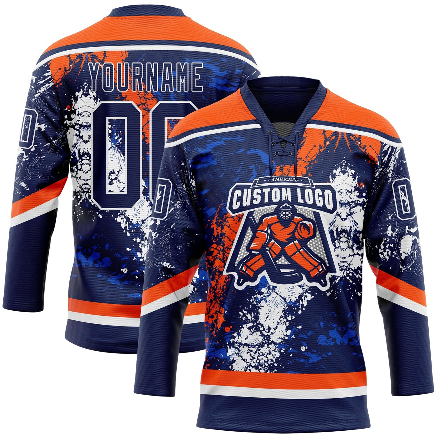 Custom Navy Thunder Blue Orange-White 3D Splash Art Hockey Lace Neck Jersey view 2