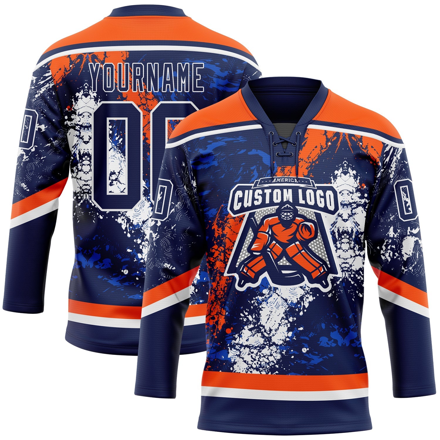 Custom Navy Thunder Blue Orange-White 3D Splash Art Hockey Lace Neck Jersey view 2
