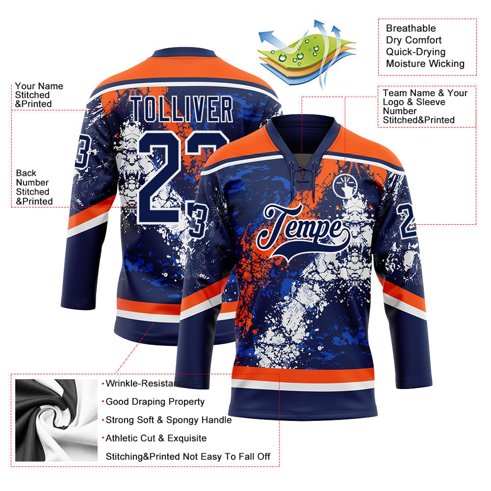 Custom Navy Thunder Blue Orange-White 3D Splash Art Hockey Lace Neck Jersey view 3