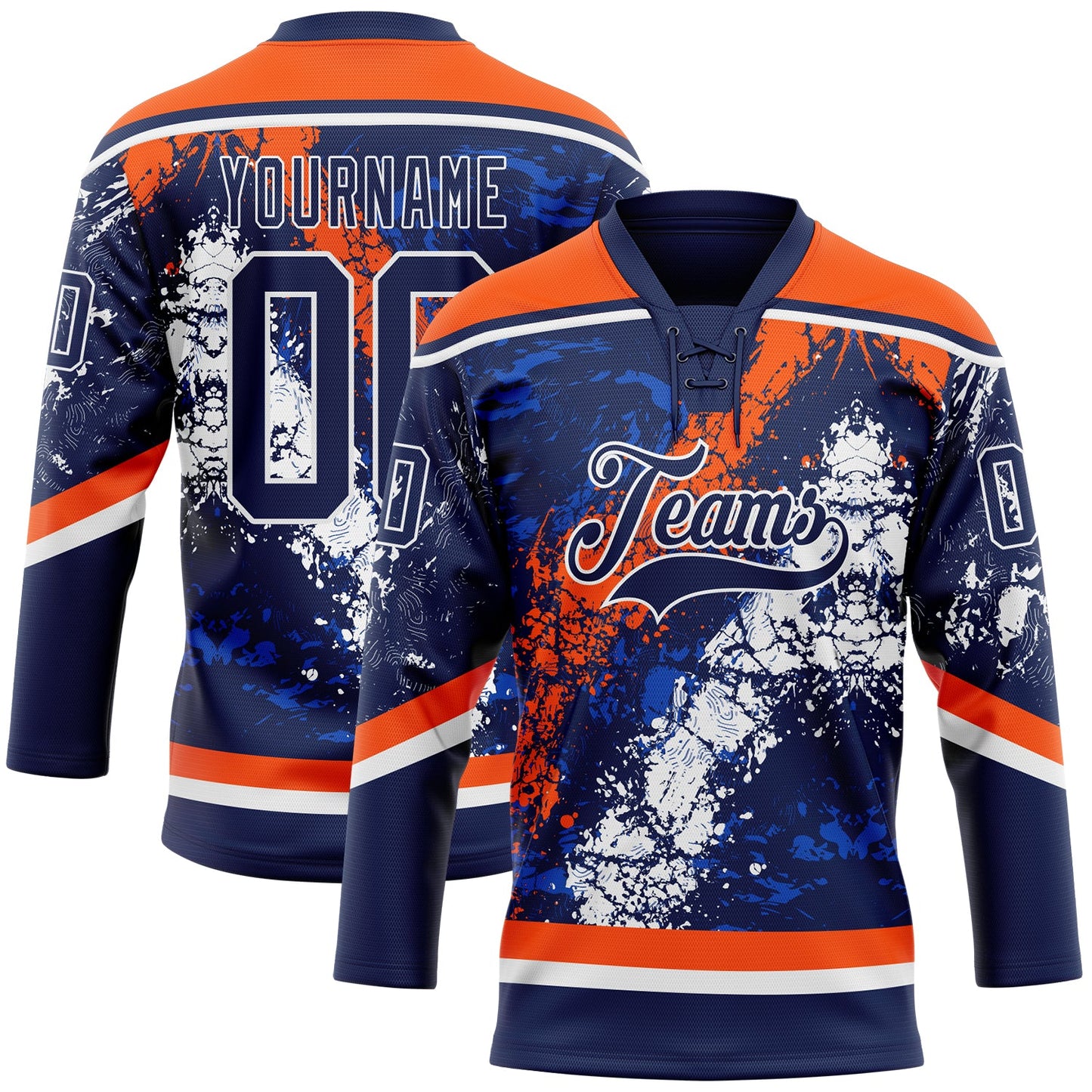 Custom Navy Thunder Blue Orange-White 3D Splash Art Hockey Lace Neck Jersey - Main View