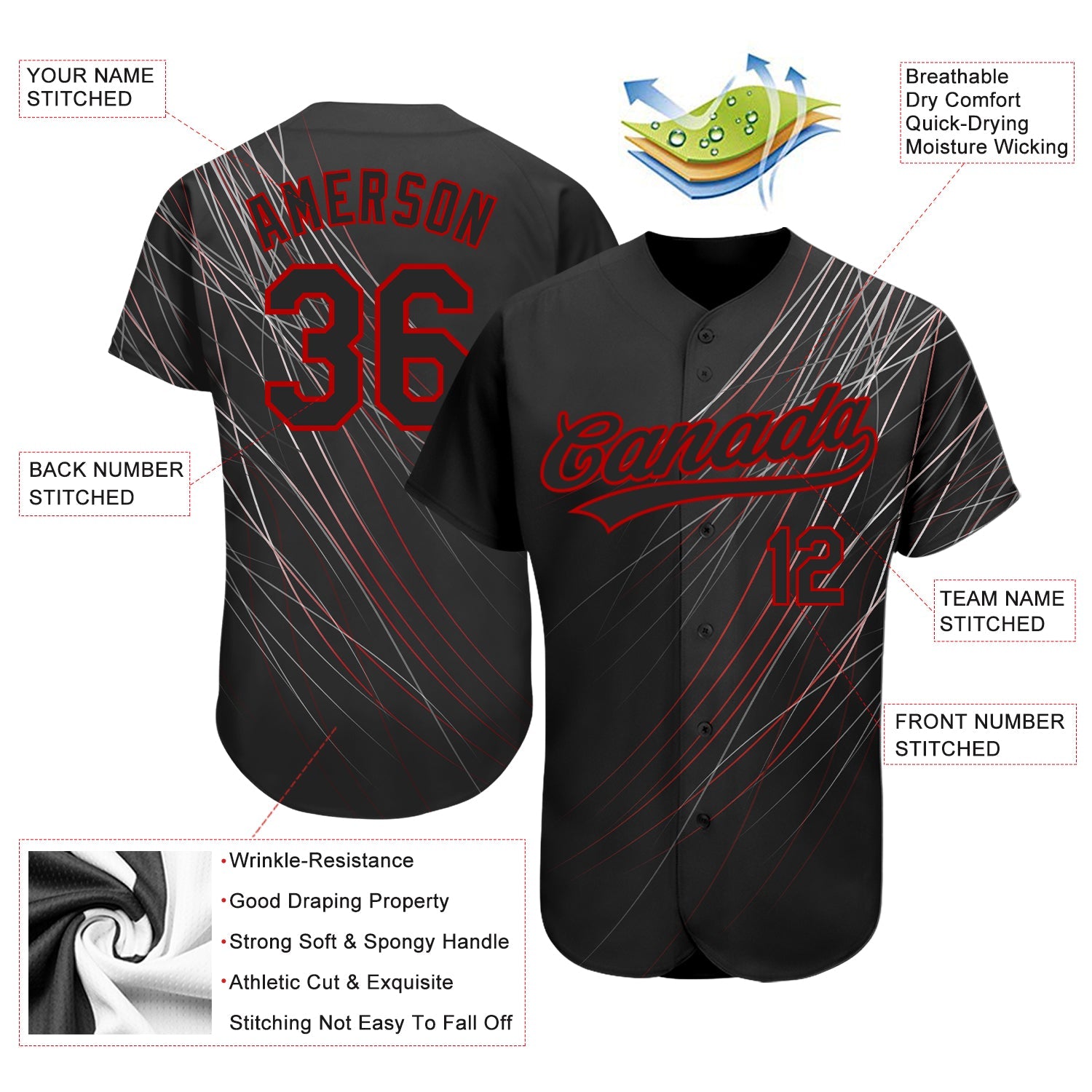 Custom Black Black-Red 3D Pattern Design Authentic Baseball Jersey view 3