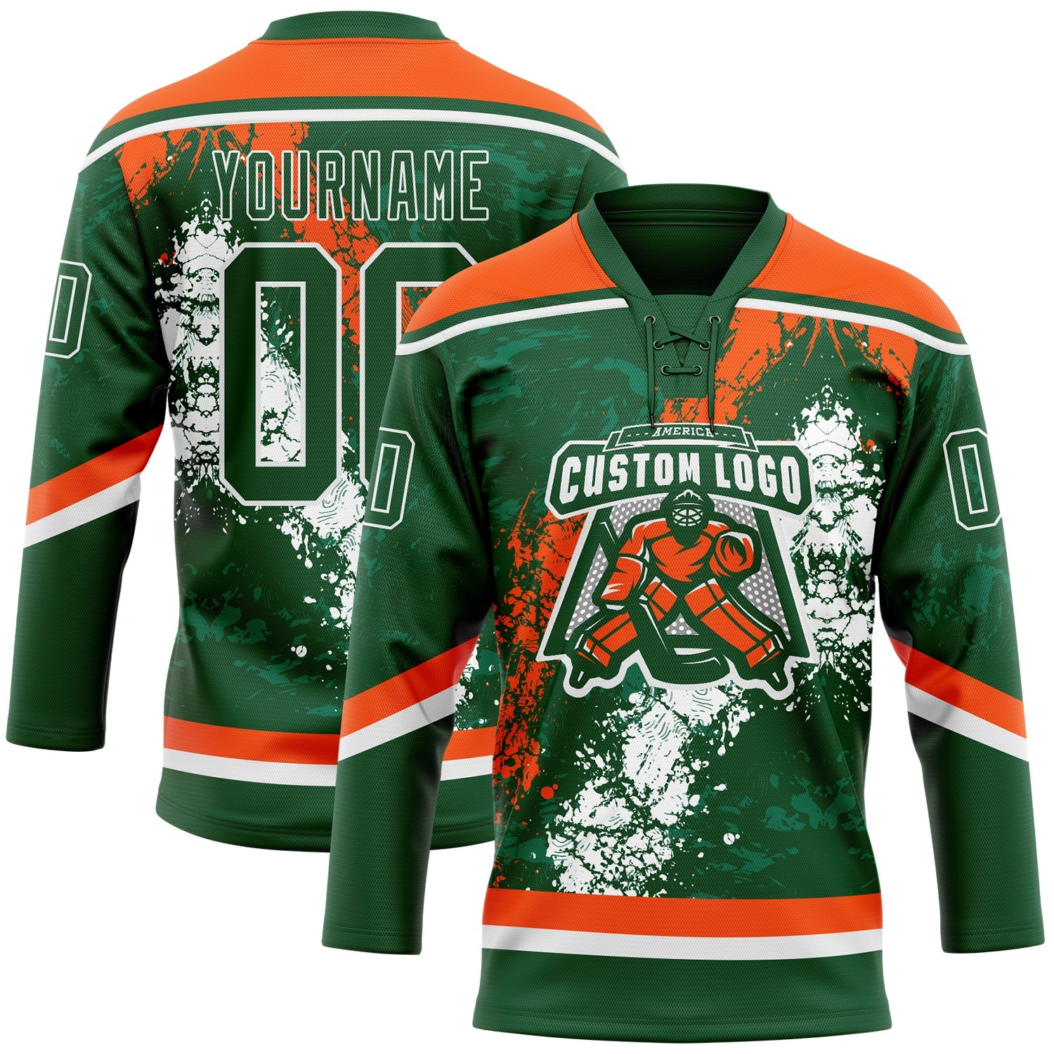 Custom Green Orange-White 3D Splash Art Hockey Lace Neck Jersey view 2