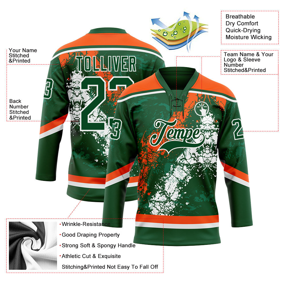Custom Green Orange-White 3D Splash Art Hockey Lace Neck Jersey view 3