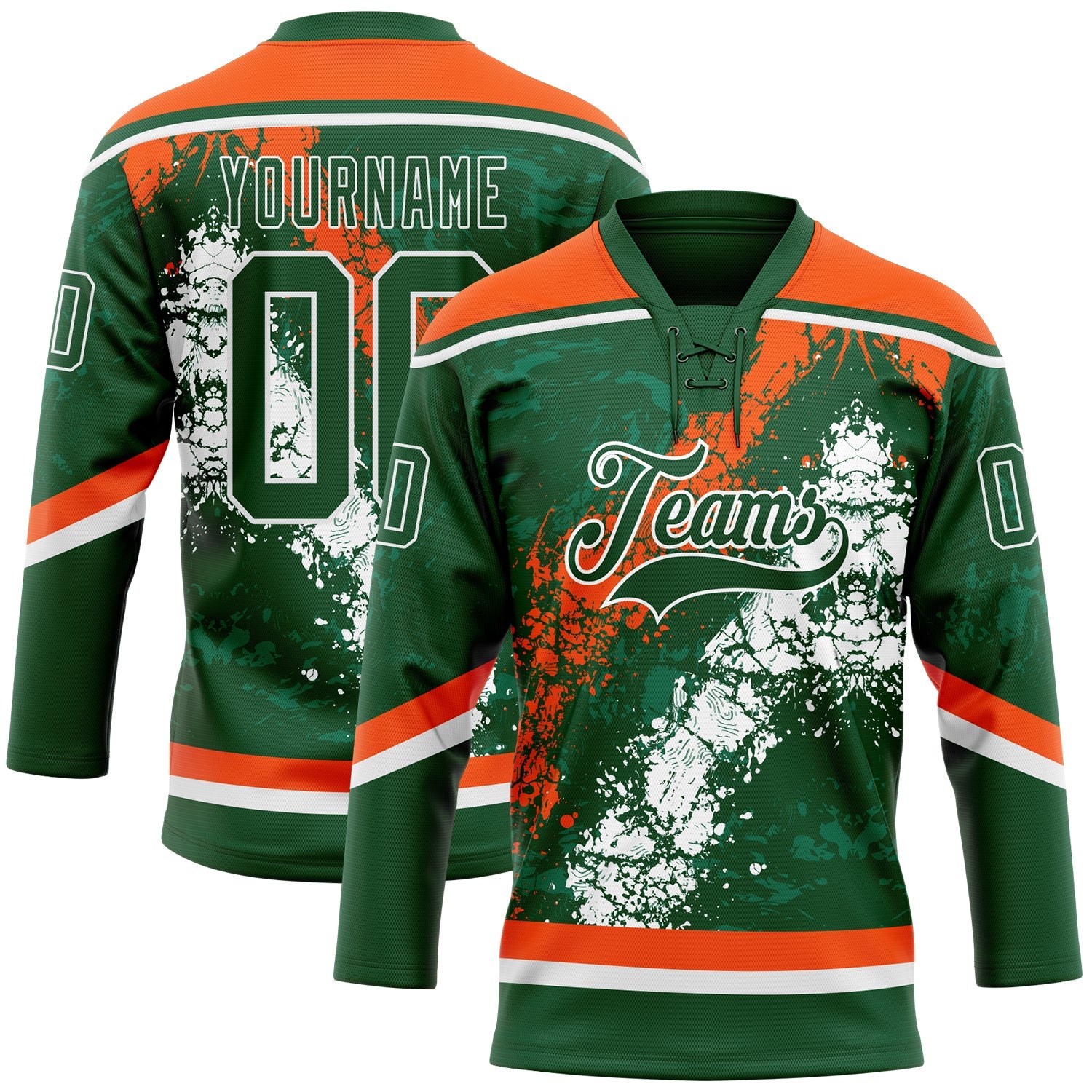 Custom Green Orange-White 3D Splash Art Hockey Lace Neck Jersey - Main View