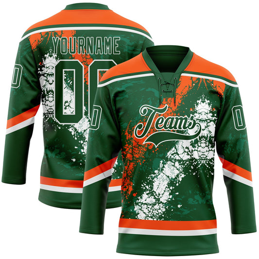 Custom Green Orange-White 3D Splash Art Hockey Lace Neck Jersey - Main View