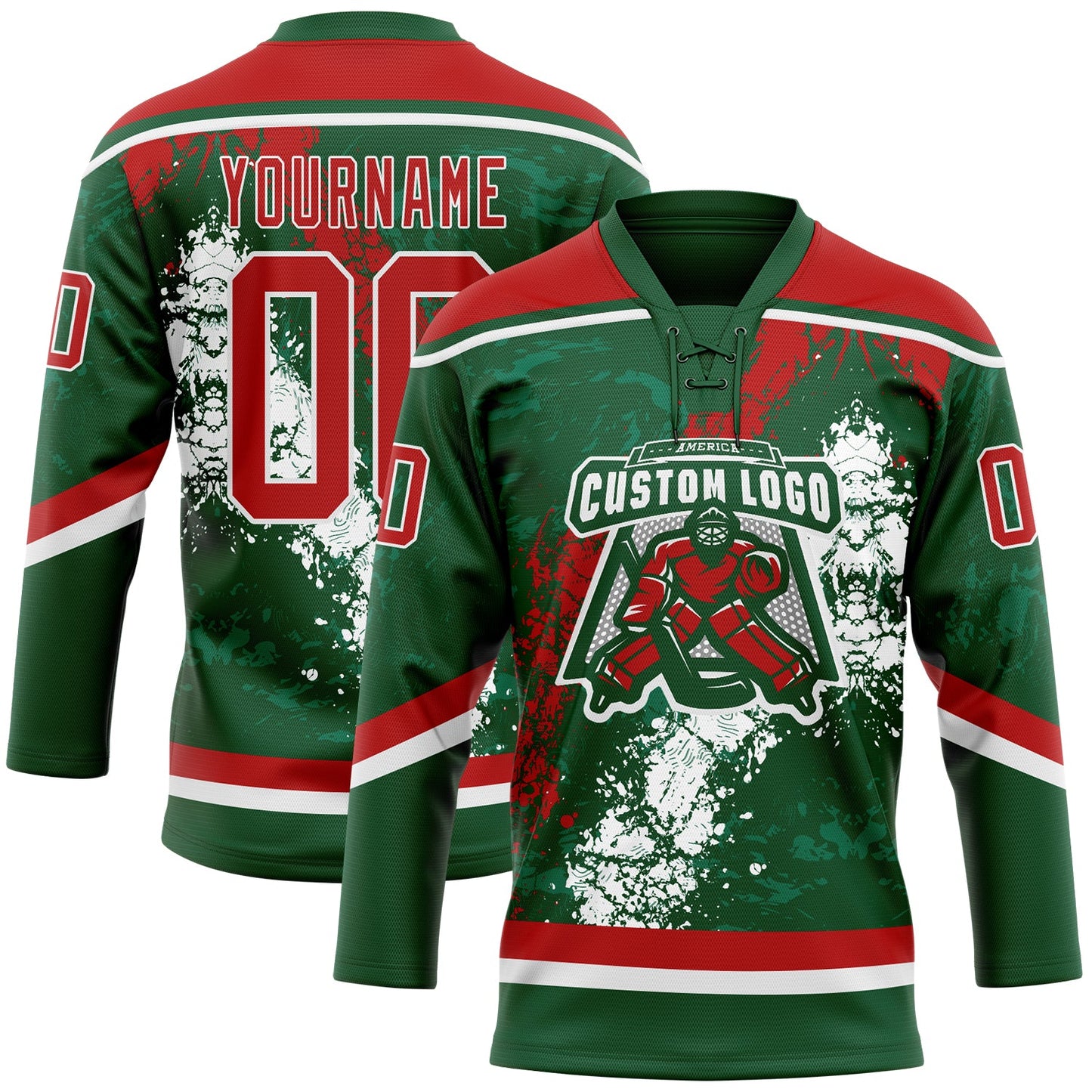 Custom Green Red-White 3D Splash Art Hockey Lace Neck Jersey view 2